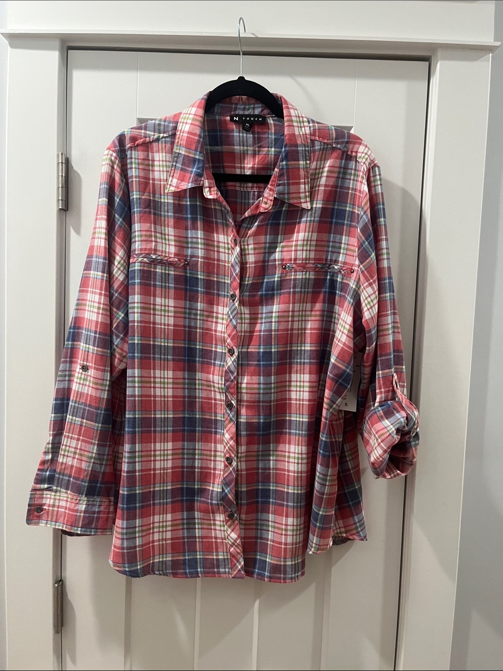 Women's Ladies Red Coral Blue Green Plaid Button Up Shirt Size XL 14 N Touch NWT